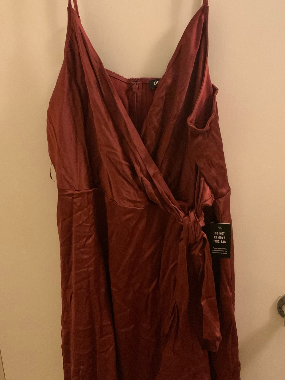Express Satin Strap Wrap Dress in Deep Burgundy